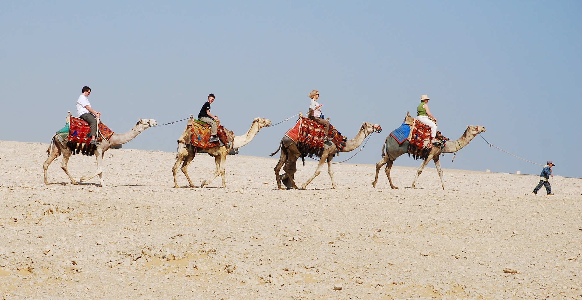 A young child leads a tour group on camels through the Sahara Desert by the Pyramid of Khufu and the Pyramid Khafre. The Pyramid of Menkaure is placed right next to these two and they are known as the Pyramids of Giza. The Pyramids of Giza are believed to have been built around 2500 B.C. and are known as one of the Seven Wonders of the World. (U.S. Air Force photo/Senior Airman Sara Csurilla)