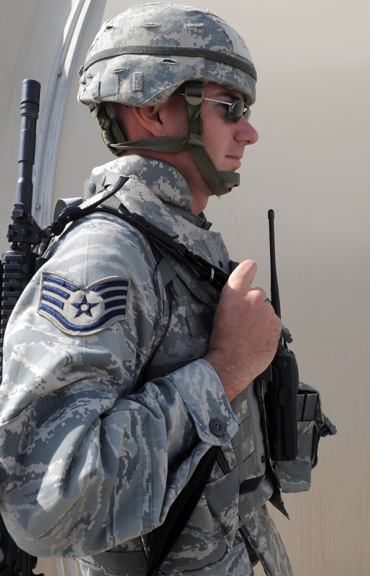Staff Sgt. Ryan Bully, a security forces journeyman with the 380th Expeditionary Security Forces Squadron, participates in a security forces exercise at a non-disclosed base in Southwest Asia on Feb. 20, 2010. Sergeant Bully is deployed from the 43rd Security Forces Squadron at Pope Air Force Base, N.C., and his hometown is Flushing, Mich. The 380th ESFS, as part of the 380th Air Expeditionary Wing, supports operations Iraqi Freedom and Enduring Freedom and the Combined Joint Task Force-Horn of Africa. (U.S. Air Force Photo/Master Sgt. Scott T. Sturkol/Released)