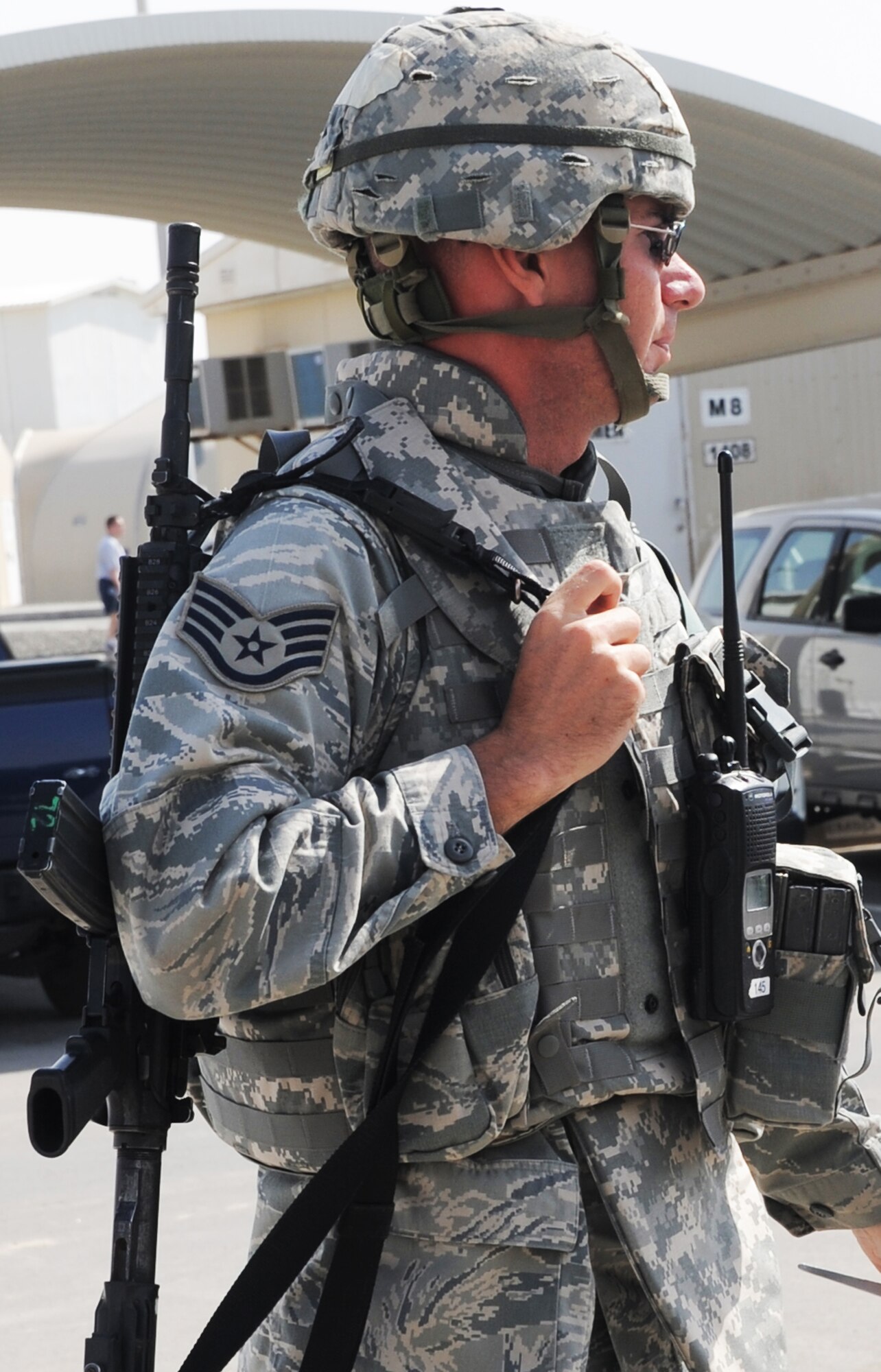 Staff Sgt. Ryan Bully, a security forces journeyman with the 380th Expeditionary Security Forces Squadron, participates in a security forces exercise at a non-disclosed base in Southwest Asia on Feb. 20, 2010. Sergeant Bully is deployed from the 43rd Security Forces Squadron at Pope Air Force Base, N.C., and his hometown is Flushing, Mich. The 380th ESFS, as part of the 380th Air Expeditionary Wing, supports operations Iraqi Freedom and Enduring Freedom and the Combined Joint Task Force-Horn of Africa. (U.S. Air Force Photo/Master Sgt. Scott T. Sturkol/Released)