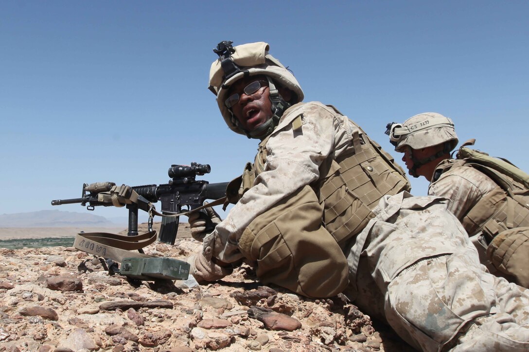 U.S. Marines from 4th Platoon Charlie Company, 1st Battalion 2nd Marine Regiment(1/2) go out on a patrol around PB Griffin and engage in combat after taking fire from enemies at unknown positions, April 4, 2010. (U.S. Marine Corps photo by Lance Cpl. Carl Payne)
