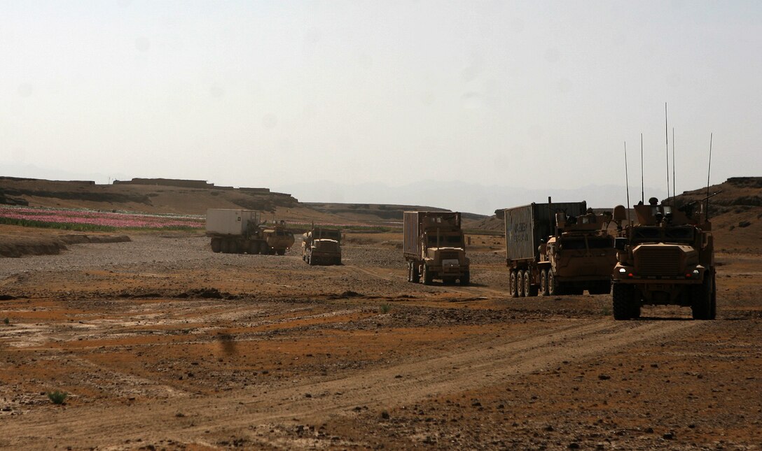 Marines from Combat Logistics Battalion 6, 1st Marine Logistics Group (Forward) wind their way through a poppy-filled dried riverbed, or "wadi," in support of the British to American transfer of authority of Forward Operating Base Edinburgh April 5.