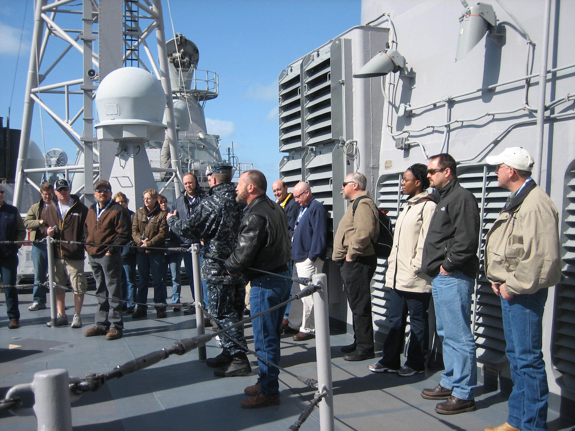 Wyoming employers tour a U.S. Navy vessel in San Diego, Calif., while traveling on an Employee Support of the Guard and Reserve Bosslift on March 8, 2010. The group was transported to southern California on a Wyoming Air National Guard C-130 and had the opportunity to mingle with representatives from several of the National Guard and Reserve military components. The WyESGR trip included 32 employers of U.S. service members in an educational opportunity to teach each employer about what their military employees experience when shedding their civilian attire for a finely pressed uniform. Photo by Laura Jeffrey, WyESGR.