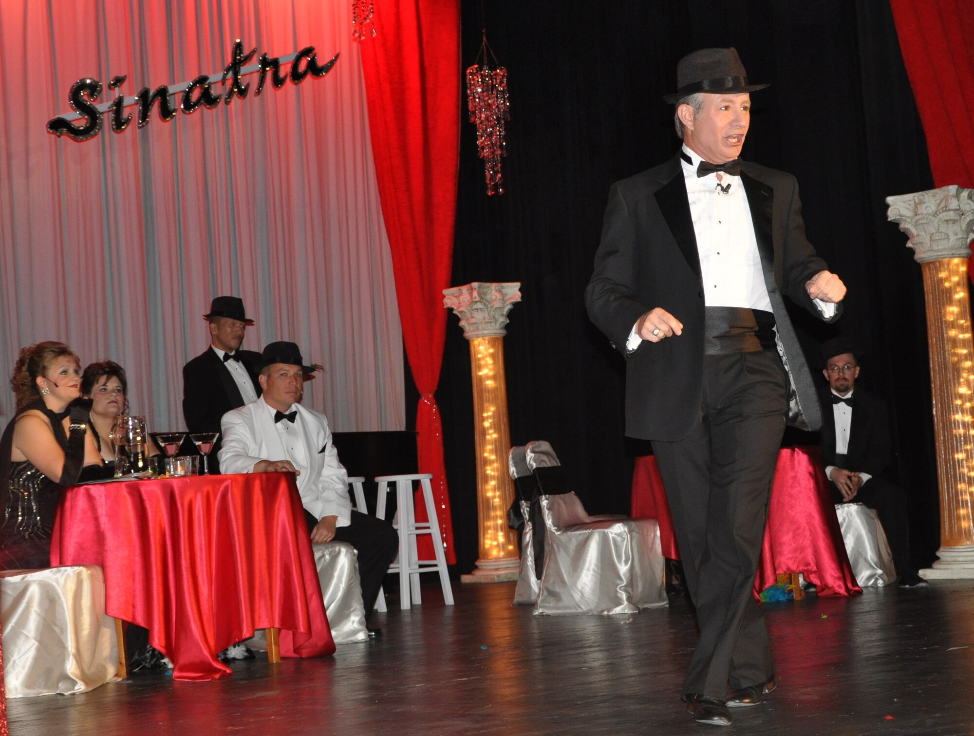 LAUGHLIN AIR FORCE BASE, Texas – Robert Wade, 47th Flying Training Wing, sings a classic Frank Sinatra song during the Upstagers’ performance at the Paul Poag Theater in Del Rio April 2. The Upstagers are a Del Rio-based, completely volunteer theater group that was formed in 1977. (U.S. Air Force photo by Airman 1st Class Blake Mize)