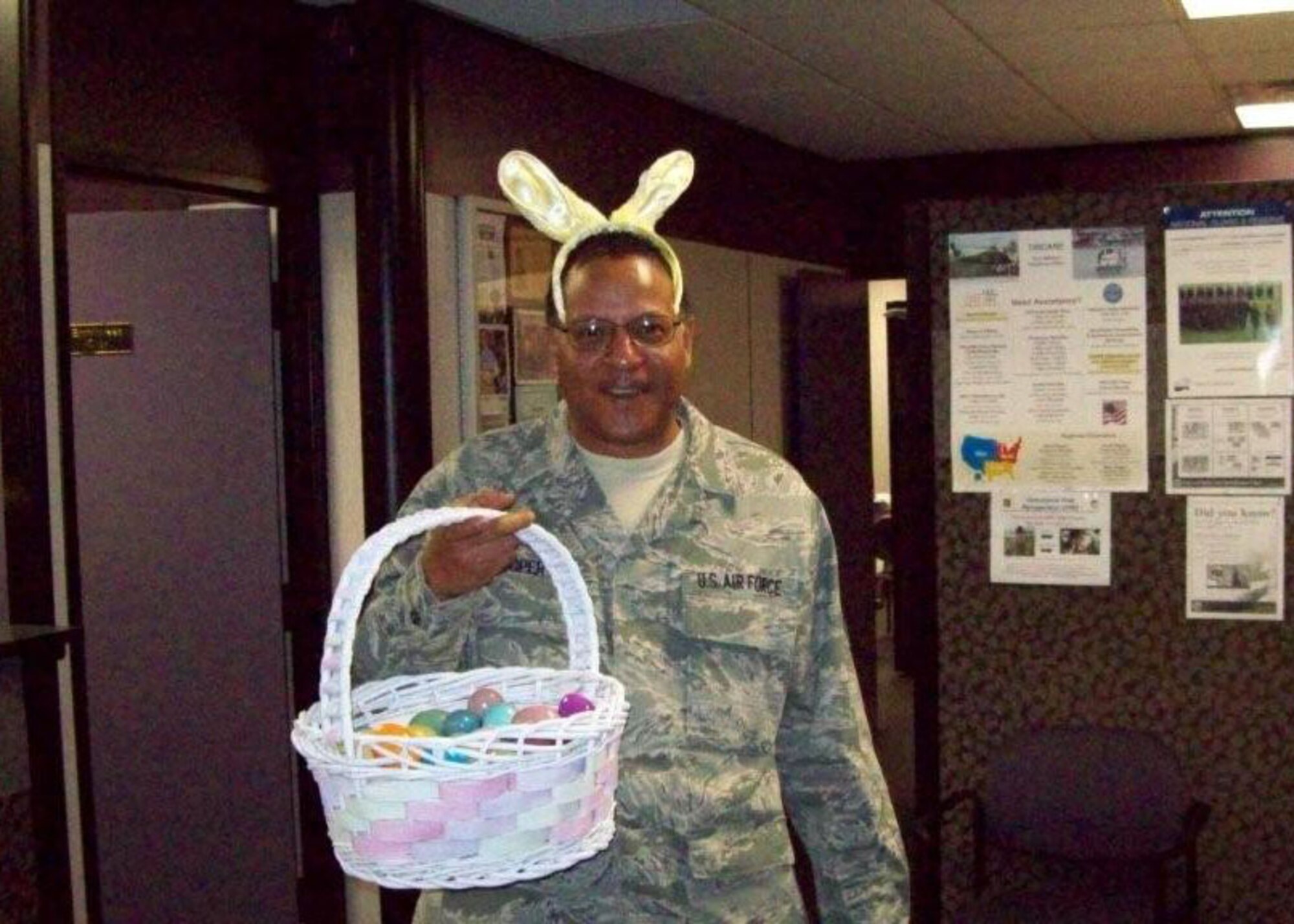 Master Sgt. Martin Cooper is caught spreading Easter cheer around the 916th Air Refueling Wing. USAF photo by Lt. Col. Jayne Jackson, 916ARW/LRS)