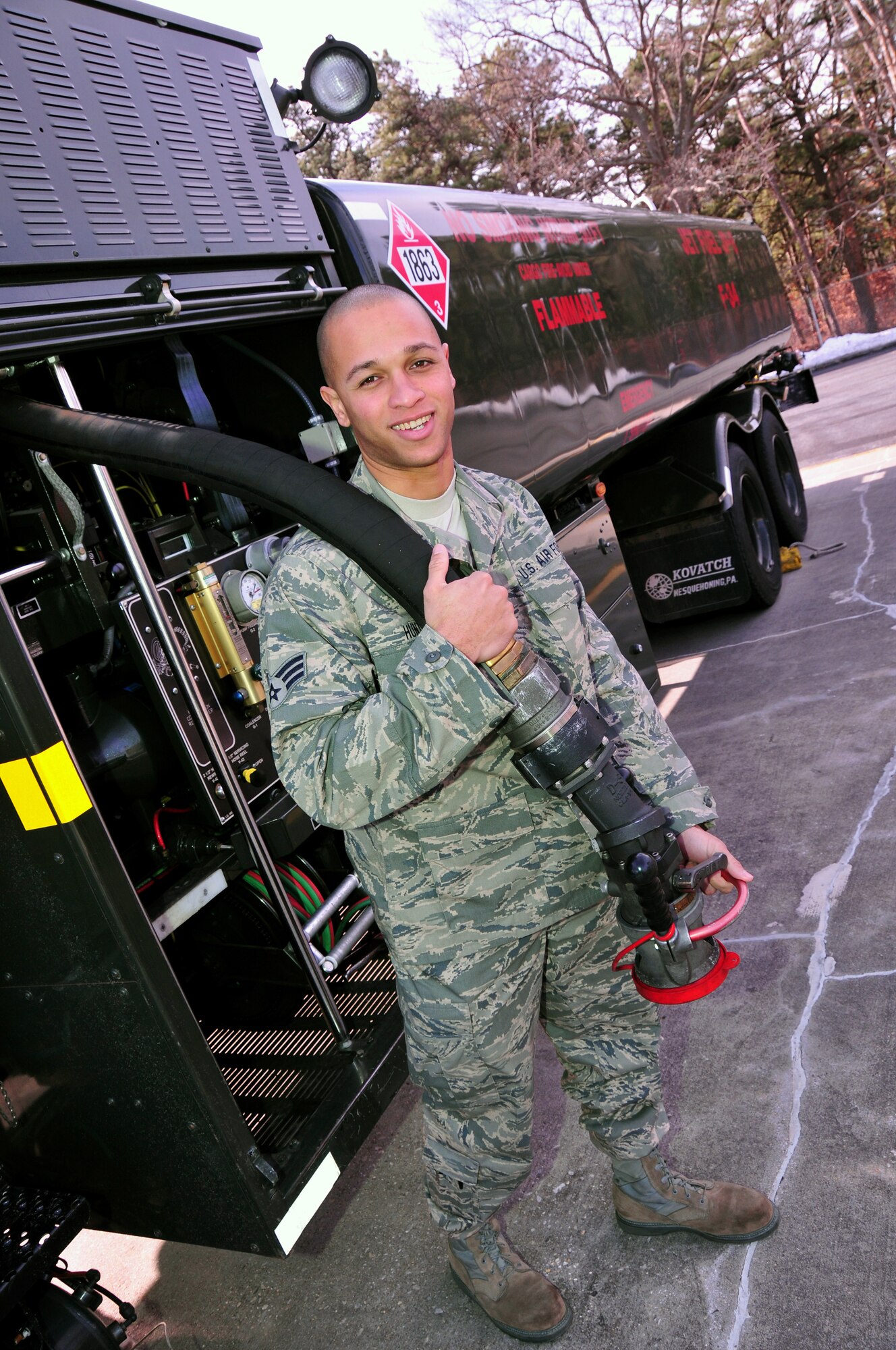 U.S. Air Force Senior Airman Alexander Hunter III of the 177th Fighter Wing Logistics Readiness Squadron earned the honor of joining the Elite "Million Gallon Club", in addition to earning the titles of Pumper of the Month and "Run King" during his deployment to a non-disclosed Southwest Asia location.  Airman Hunter was assigned to the 379th Air Expeditionary Wing from November 2009 until January 2010 in support of Operation Enduring Freedom.  U.S. Air Force photo by Staff Sgt. Matthew Hecht, 177th FW/PA   