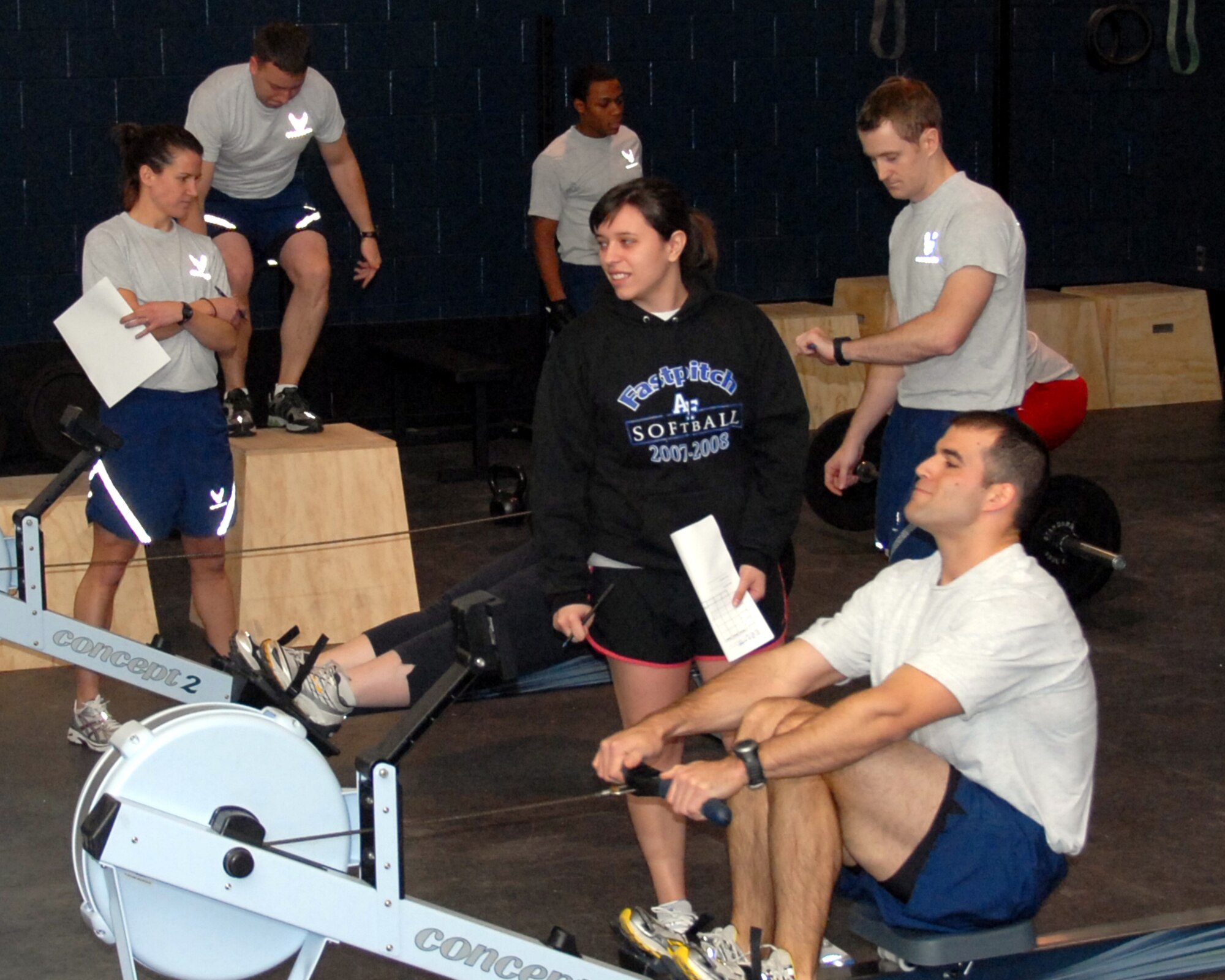 Wright-Patt athletes, like Nick Longo (on rowing machine in foreground), compete in the first Fight Gone Bad back in January.  The second iteration of FGB is scheduled for April 30 and is open to anyone with base access. 