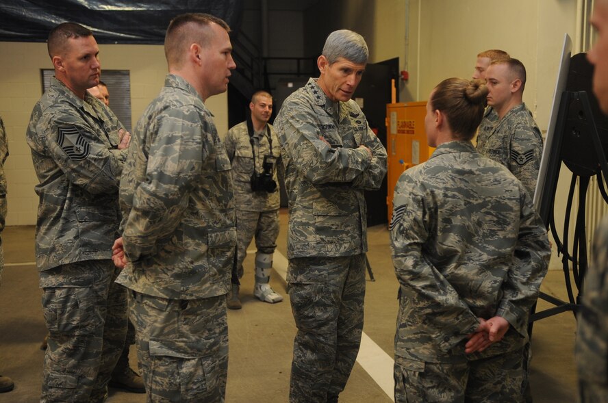 MINOT AIR FORCE BASE -- Air Force Chief of Staff Gen. Norton Schwartz visits Airmen in the 91st Missile Wing headquarters building here April 2. General Schwartz’s visit was to reassure the men and women of Minot Air Force Base that the Air Force has complete confidence in their mission and their role in the nuclear enterprise.(U.S.Air Force photo by Staff Sgt. Stacy Moless)