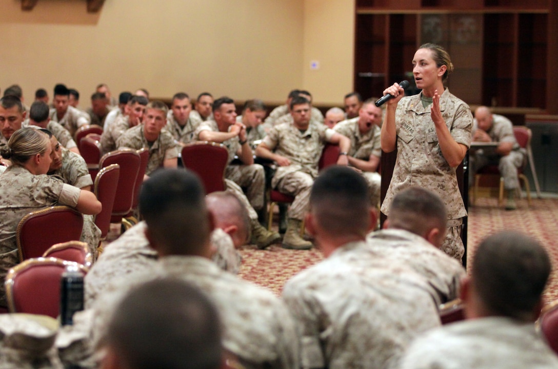 Second Lt. Kimberly J. Sonntag, company adjutant, Marine Wing Support Squadron 372, Marine Corps Air Station Camp Pendleton, speaks to more than 300 Marines from MWSS 372 at the South Mesa Lodge, March 6. Sonntag’s speech about the importance of not taking drugs was part of a newly designed crime seminar developed by the base’s Criminal Investigation Division.
