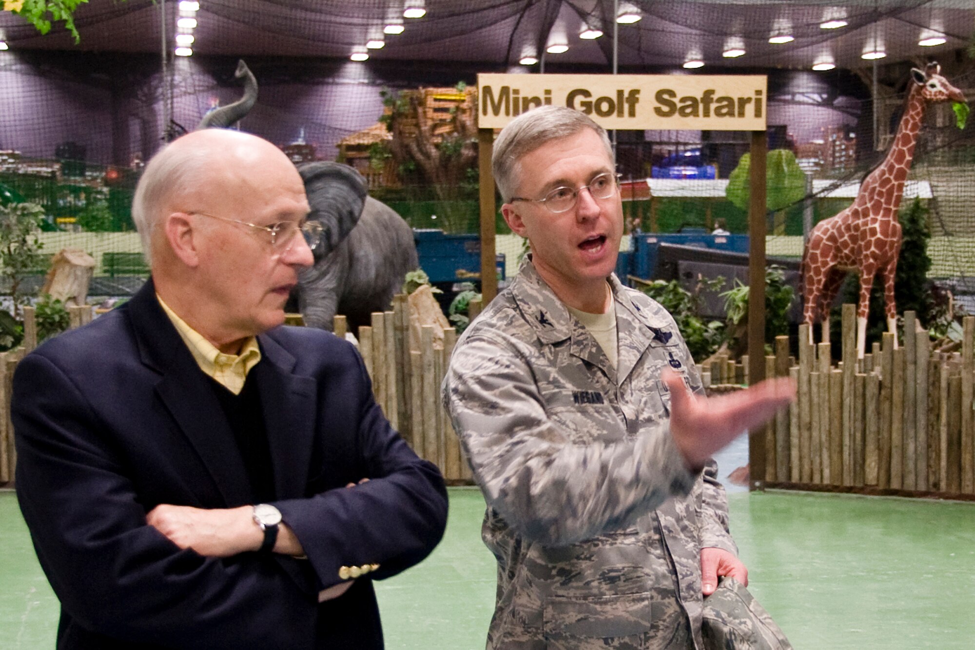 MISAWA AIR BASE, Japan -- Col. David Wiegand, 35th Mission Support Group commander, gives a tour of the Weasels' Den to Mike Brinck, minority staff director for the House Veterans' Affairs Economic Opportunity Subcommittee April 6. The tour of the indoor recreational facility was to give Mr. Brinck a better understanding of programs and activities available for families at Misawa. (U.S. Air Force photo/Senior Airman Jamal D. Sutter)