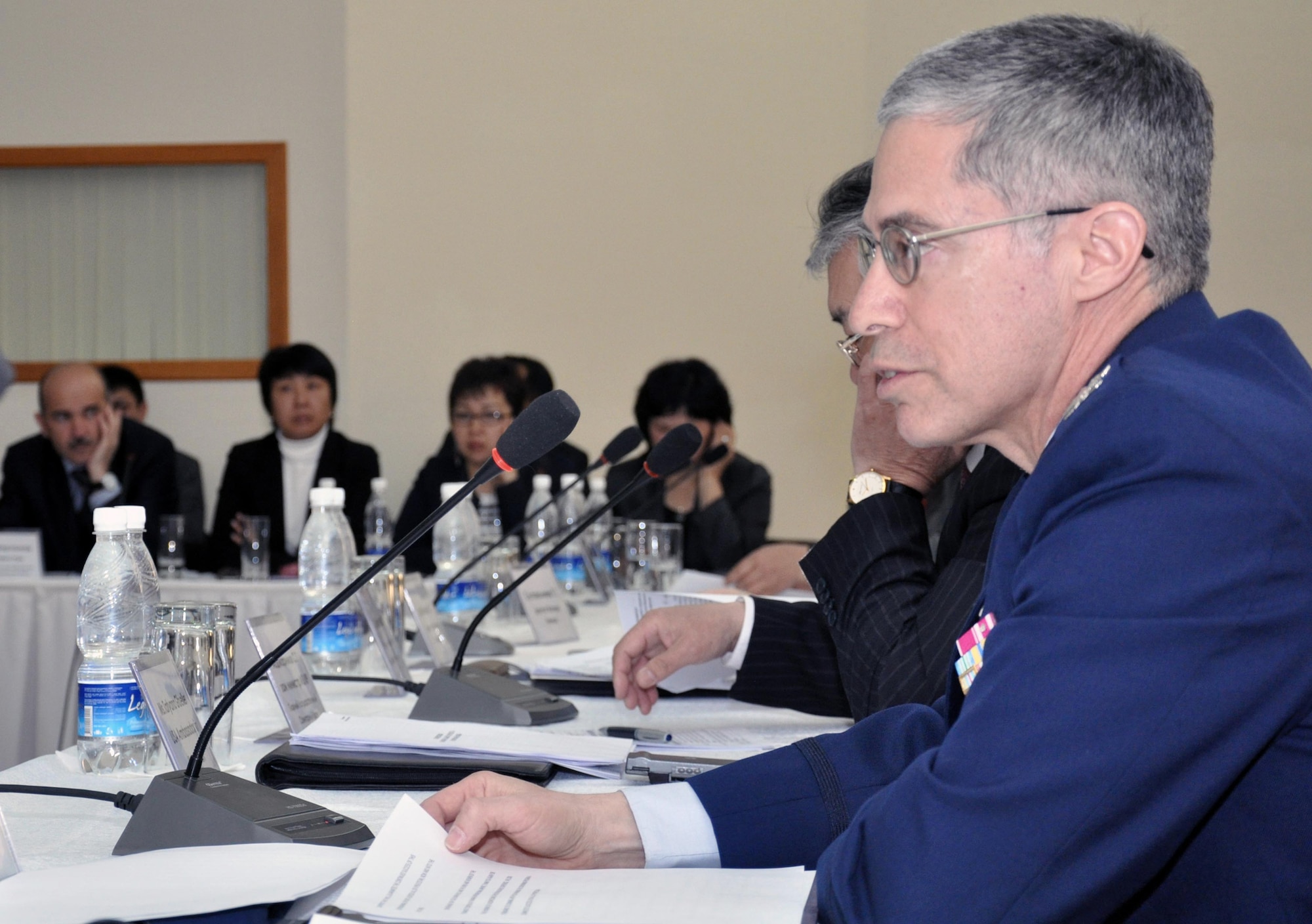 Air Force Col. Jerry Flyer, 376th Expeditionary Medical Group commander, gives opening remarks April 2, 2010, at a conference in Bishkek, Kyrgyzstan, on mass deworming.  So far, two million individuals have been dewormed in Russia, Azerbaijan, Georgia, Armenia and Kyrgyzstan.  In the coming year, officials with the U.S. government and the Transit Center at Manas will support the deworming project in order to successfully eradicate parasitic disease. (U.S. Air Force photo/Staff Sgt. Carolyn Viss)