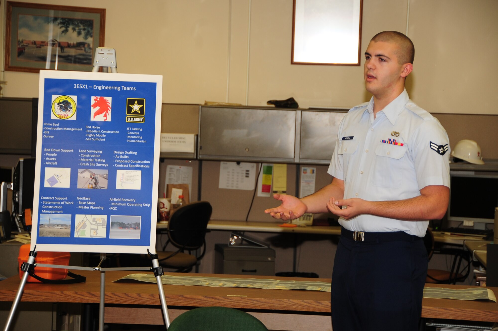ELLSWORTH AIR FORCE BASE, S.D. -- Airman 1st Class Michael Kennell, 28th Civil Engineer Squadron engineering technician, gives a presentation on the squadron and its functions during a visit from Lt. Col. Matthew Joganich, 28 CES commander, April 5.  Colonel Joganich showcased his leadership style and squadron capabilities during a tour of 28 CES.  He visited the engineering, readiness and emergency management, explosive ordnance disposal, operations and fire protection flights, and was given a detailed overview by each section. (U.S. Air Force photo/Airman 1st Class Anthony Sanchelli)