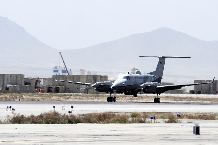 An MC-12 lands after a surveillance mission April 6, 2010 at Bagram Airfield, Afghanistan.  (U.S. Air Force photo/Tech. Sgt. Jeromy K. Cross)