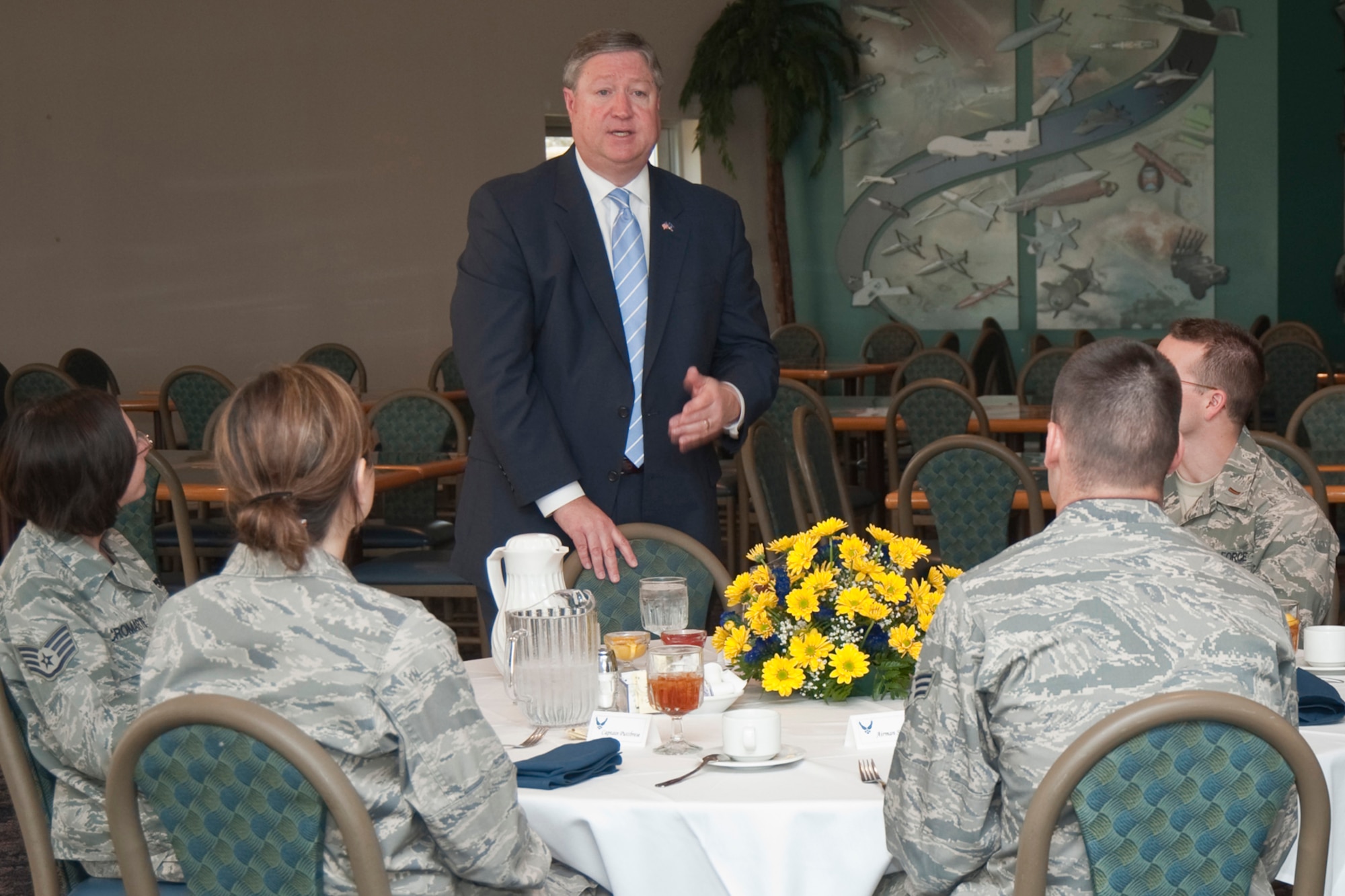 EGLIN AIR FORCE BASE, Fla. -- Secretary of the Air Force Michael Donley speaks to Airmen at a luncheon during his visit here April 2.  The SECAF spent the day at Eglin visiting each of the major wings and talking with base leadership and Airmen.  (Courtesy photo)
