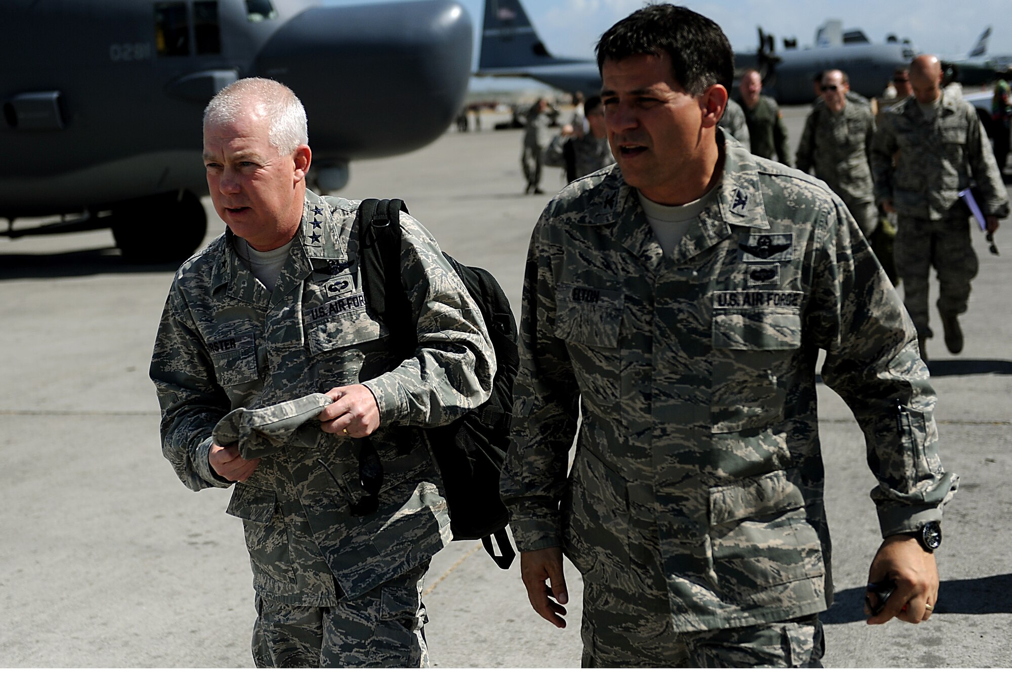 Lt. Gen. Donald Wurster, commander of Air Force Special Operations Command, left, and Col. Buck Elton, 1st Special Operations Group commander, tour the Toussaint L'Ouverture International Airport in Port-au-Prince, Haiti, Jan. 27 during Operation Unified Response. U.S. Department of Defense assets have been deployed to assist in the relief effort in Haiti in the wake of the 7.0-magnitude earthquake that occurred Jan. 12. (U.S. Air Force photo by Master Sgt. Jeremy Lock/Released)
