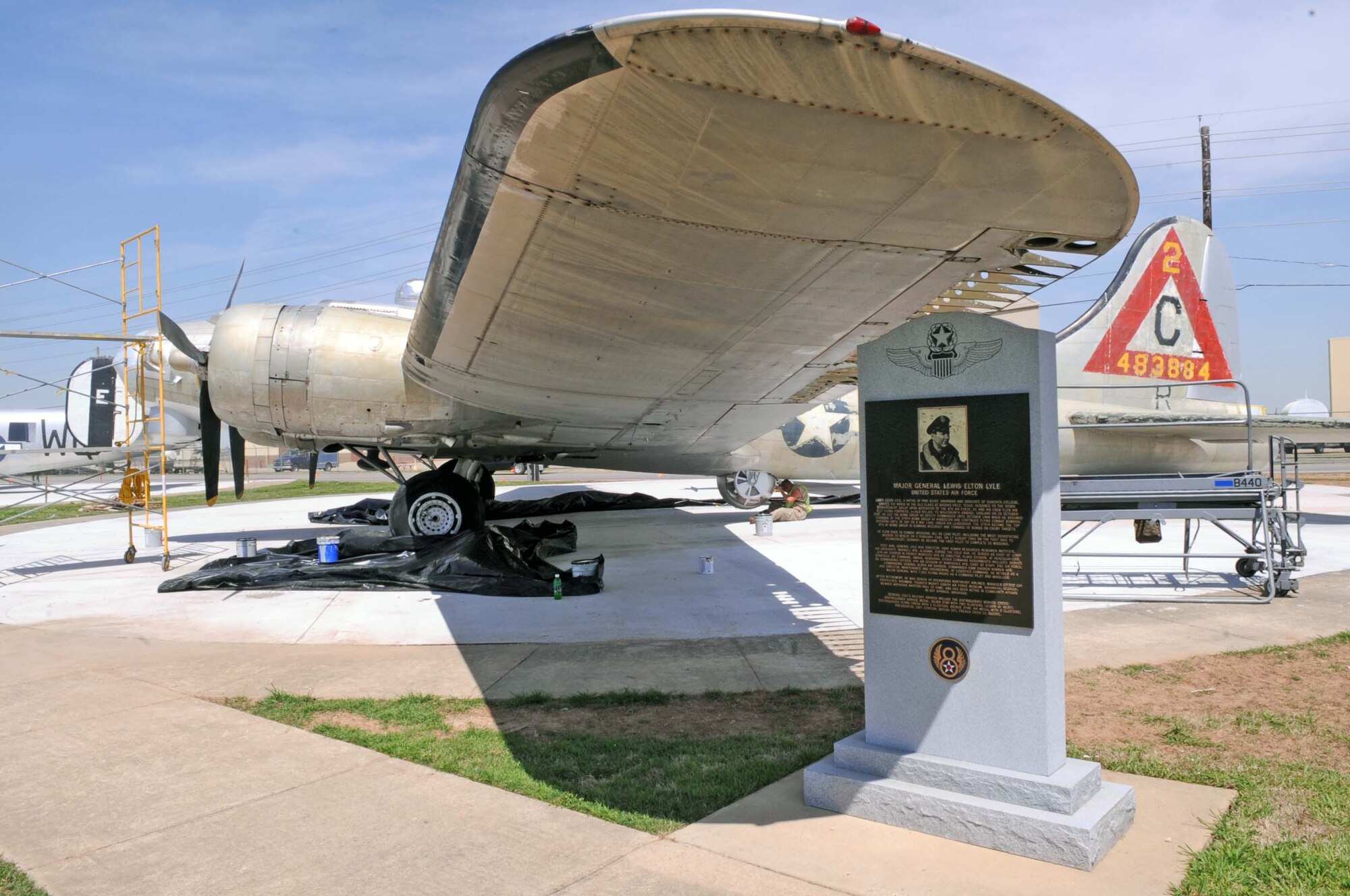 BARKSDALE AIR FORCE BASE, La. – This B-17G static display sits at the Eighth Air Force Museum, which honors Maj. Gen. Lewis E. Lyle and the contributions he made. Barksdale Airmen, volunteers and contractors are in the process of restoring the B-17 and painting it to resemble one that was flown by General Lyle on a bombing mission during World War II. (U.S. Air Force photo by Staff Sgt. John Gordinier)