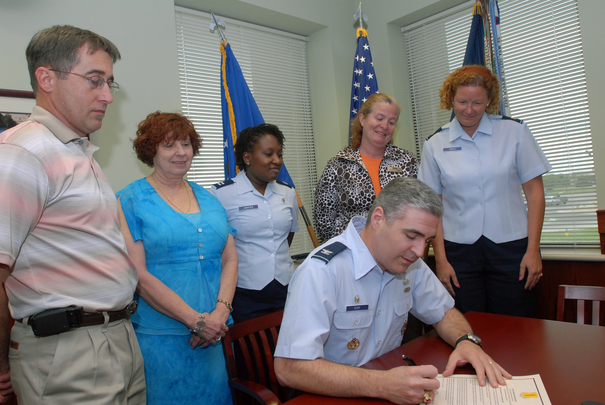 Col. Thomas Geary, 17th Training Wing commander, signs the 2010 combined proclamation designating the month of April 2010 to be the Month of the Military Child, Child Abuse Prevention, Alcohol Awareness, and Sexual Assault Awareness Month.  Goodfellow AFB will hold events throughout the month highlighting each of these areas. (U.S. Air Force photo\Master Sgt. Randy Mallard)