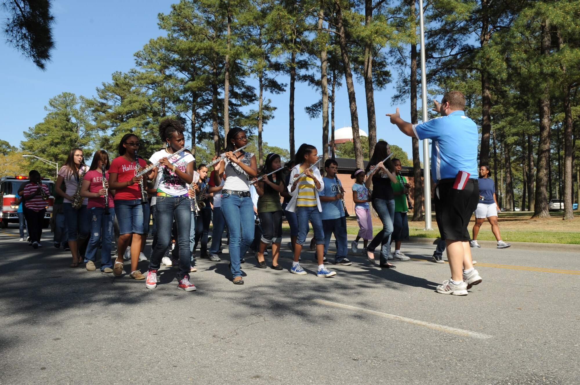 SEYMOUR JOHNSON AIR FORCE BASE, N.C. -- The Greenwood Middle School band, from Goldsboro, performs in a parade honoring the "Month of the Military Child" here, April 1, 2010. The Department of Defense, military services and communities around the world have recognized the importance of military children during a month-long celebration since 1986. (U.S. Air Force photo/Staff Sgt. Courtney Richardson)