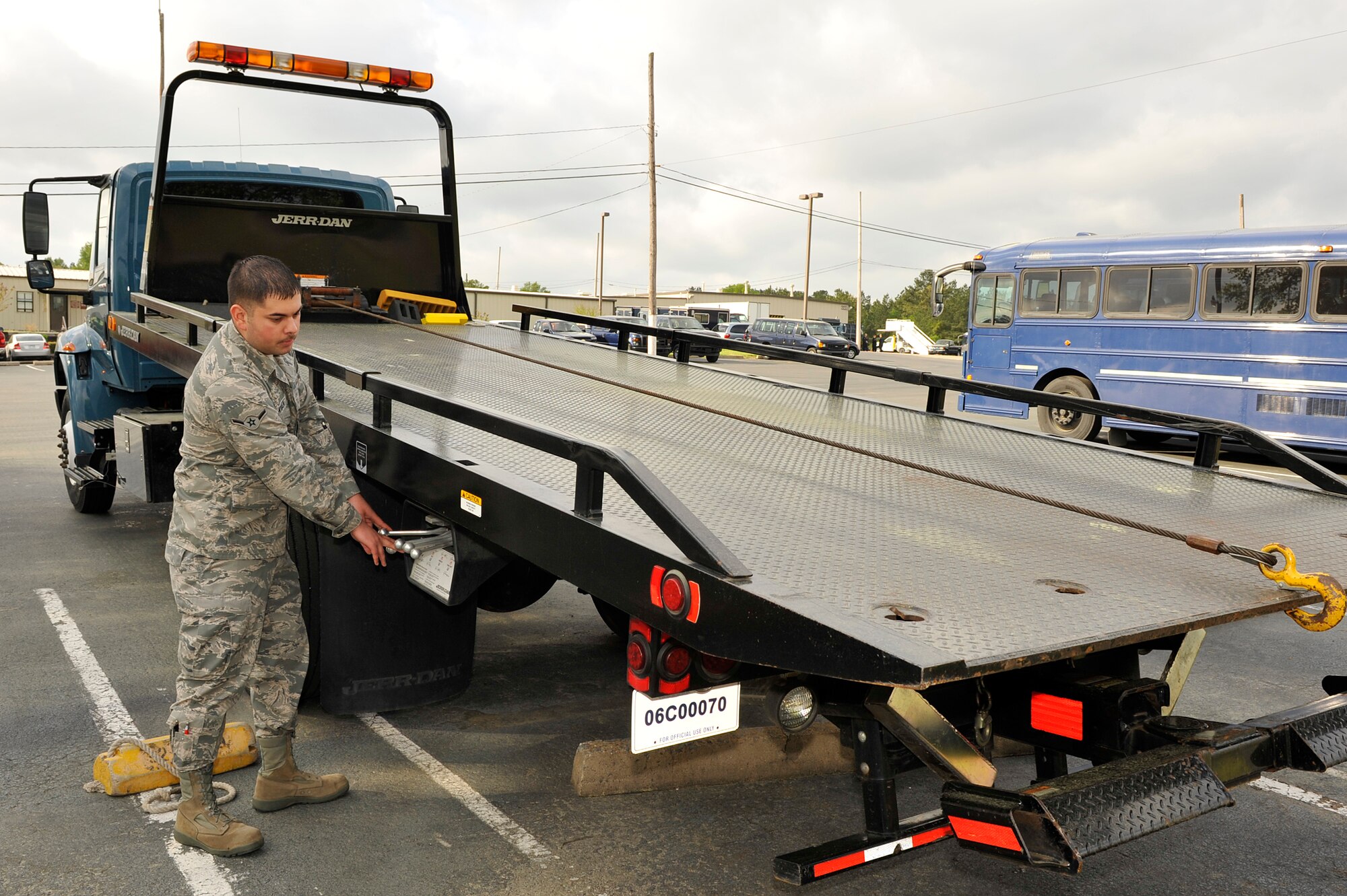 Airman Fernando Ayala, 19th Logistics Readiness Squadron vehicle operator and dispatcher, performs operational checks on a rollback wrecker April 6. Airman Ayala ensured 1,000 transportation requests, supported 4,500 passengers with 50,000 lbs in cargo more than 327 sorties launched and recovered. (U.S. Air Force photo by Senior Airman Christine Clark)