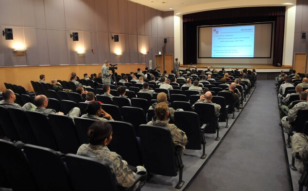 RAF MILDENHALL, England -- Airmen from RAFs Mildenhall and Lakenheath listen to a briefing on the Force Management Program in the base theater April 6.  (U.S. Air Force photo by Staff Sgt. Austin M. May)