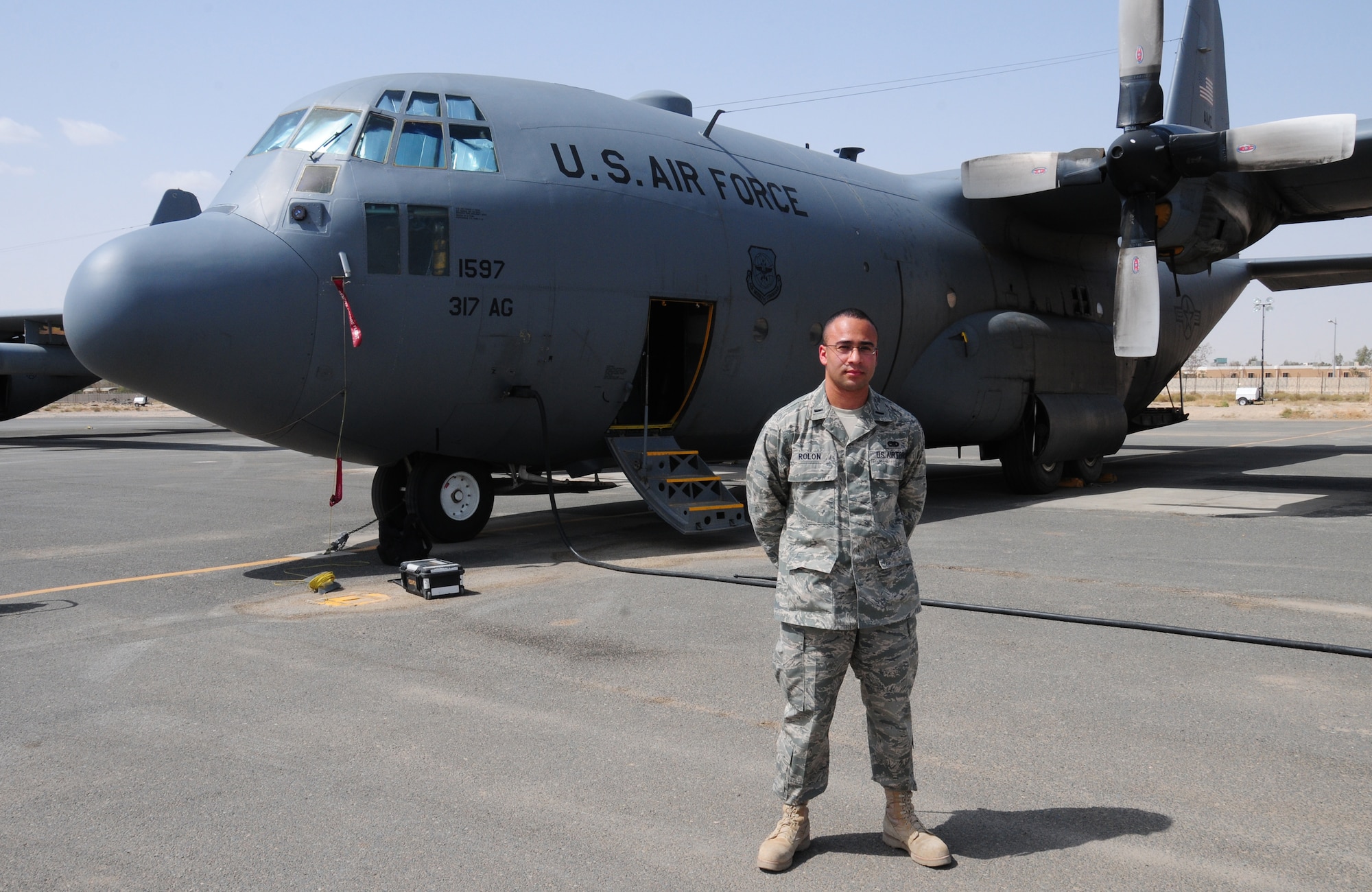 U.S. Air Force 1st Lt. Fernando Rolon, 386th Expeditionary Aircraft Maintenance Squadron aircraft maintenance unit officer in charge, is deployed from Dyess Air Force Base, Texas. The lieutenant is a native of Allentown, Penn. (U.S. Air Force photo by Staff Sgt. Lakisha A. Croley/Released)