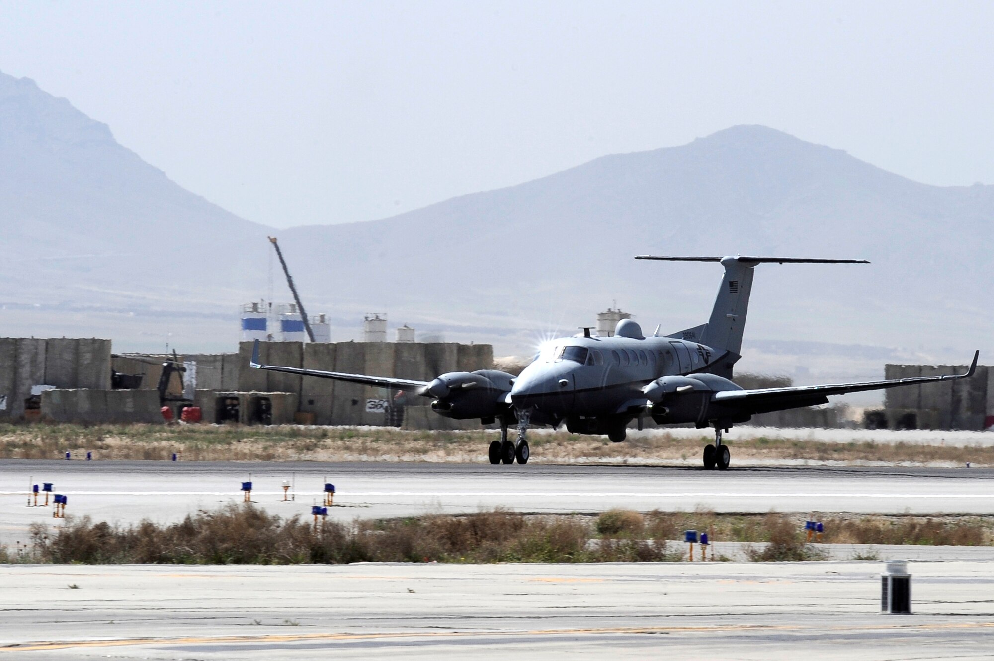A MC-12 lands after a mission at Bagram Airfield, Afghanistan, April 6, 2010. (U.S. Air Force photo by/ Tech. Sgt. Jeromy K. Cross/released)