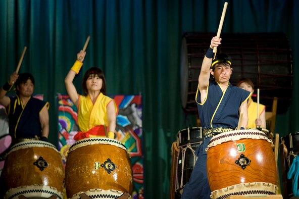 MISAWA AIR BASE, Japan -- Members of the Towada Suijin Thunder Drummers perform "Kabuki" on taiko drums during the 23rd Annual Japan Day April 3 at the Collocated Club. Taiko originated as a form of spiritual worship and is now commonplace in a variety of settings from Japanese festivals to film scores. (U.S. Air Force photo/Staff Sgt. Samuel Morse)