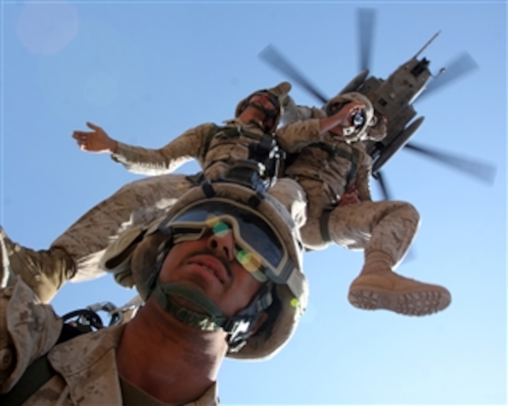 U.S. Marines conduct special purpose insertion and extraction exercises using a CH-53 Super Stallion helicopter from Marine Medium Tilt rotor Squadron 162 in Djibouti on March 24, 2010.  The Marines, who are from 2nd Reconnaissance Platoon, Battalion Landing Team, 1st Battalion, 9th Marine Regiment, 24th Marine Expeditionary Unit, performed a series of sustainment and joint exercises alongside the French and Djiboutian military during their visit.  The 24th Marine Expeditionary Unit is on a seven-month deployment with the Nassau Amphibious Ready Group as the theatre reserve force for U.S. Central Command.  