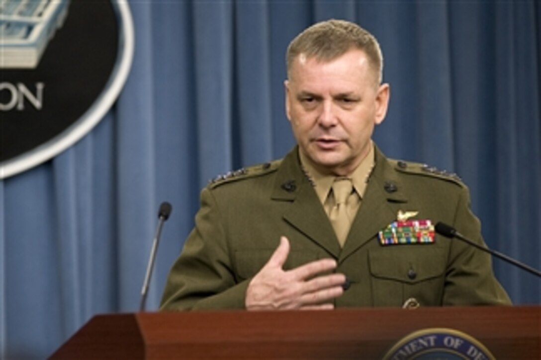 Vice Chairman of the Joint Chiefs of Staff Gen. James Cartwright, U.S. Marine Corps, speaks with members of the press about the Nuclear Posture Review during a press conference with Under Secretary for Nuclear Security & Administrator National Nuclear Security Administration Thomas P. D?Agostino, Under Secretary for Arms Control and International Security Ellen Tauscher, Principal Deputy Under Secretary of Defense for Policy Jim Miller in the Pentagon on April 6, 2010.  