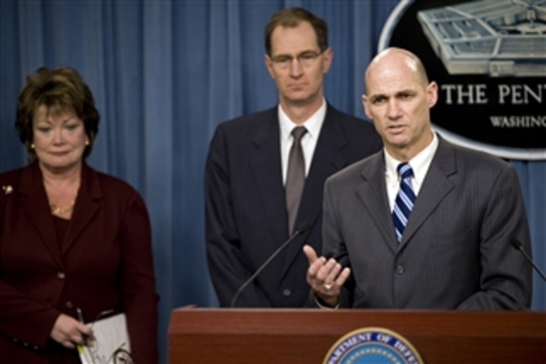 Under Secretary for Nuclear Security & Administrator National Nuclear Security Administration Thomas P. D'Agostino speaks with members of the press about the Nuclear Posture Review during a press conference with Under Secretary for Arms Control and International Security Ellen Tauscher (left), Principal Deputy Under Secretary of Defense for Policy Jim Miller (center) and Vice Chairman of the Joint Chiefs of Staff Gen. James Cartwright in the Pentagon on April 6, 2010.  