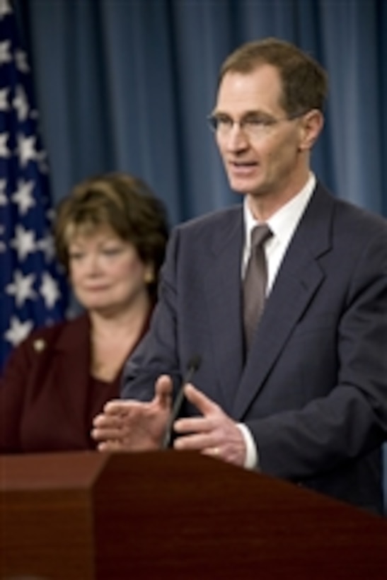 Principal Deputy Under Secretary of Defense for Policy Jim Miller speaks with members of the press about the Nuclear Posture Review during a press conference with Under Secretary for Arms Control and International Security Ellen Tauscher (left), Under Secretary for Nuclear Security & Administrator National Nuclear Security Administration Thomas P. D?Agostino and Vice Chairman of the Joint Chiefs of Staff Gen. James Cartwright in the Pentagon on April 6, 2010.  