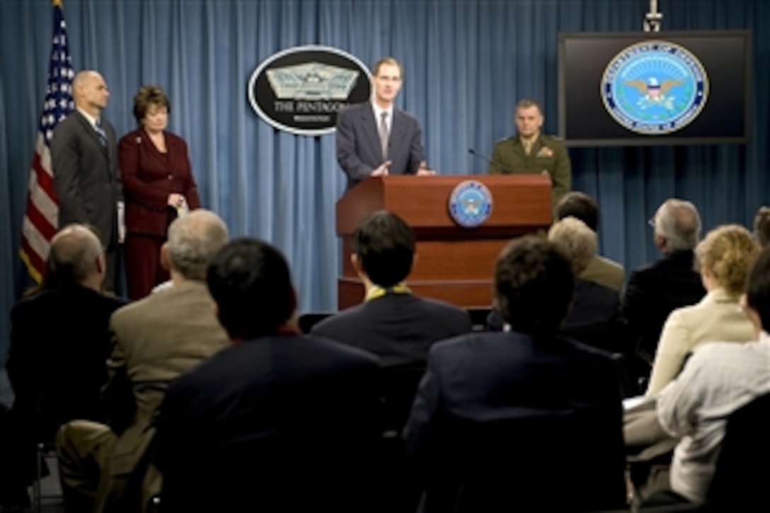 Under Secretary for Nuclear Security & Administrator National Nuclear Security Administration Thomas P. D'Agostino (left), Under Secretary for Arms Control and International Security Ellen Tauscher, Principal Deputy Under Secretary of Defense for Policy Jim Miller and Vice Chairman of the Joint Chiefs of Staff Gen. James Cartwright (right), U.S. Marine Corps, conduct a press conference to discuss the Nuclear Posture Review in the Pentagon on April 6, 2010.  