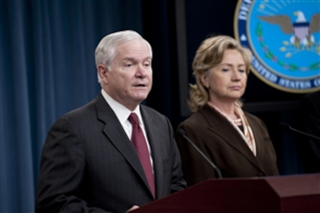 Secretary of State Hillary Rodham Clinton, Secretary of Defense Robert M. Gates, Secretary of Energy Steven Chu and Chairman of the Joint Chiefs of Staff Adm. Mike Mullen conduct a press conference on the new Nuclear Posture Review in the Pentagon on April 6, 2010.  