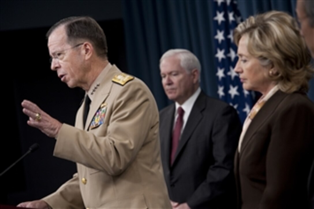 Secretary of State Hillary Rodham Clinton (right), Secretary of Defense Robert M. Gates, Secretary of Energy Steven Chu and Chairman of the Joint Chiefs of Staff Adm. Mike Mullen (left) conduct a press conference on the new Nuclear Posture Review in the Pentagon on April 6, 2010.  