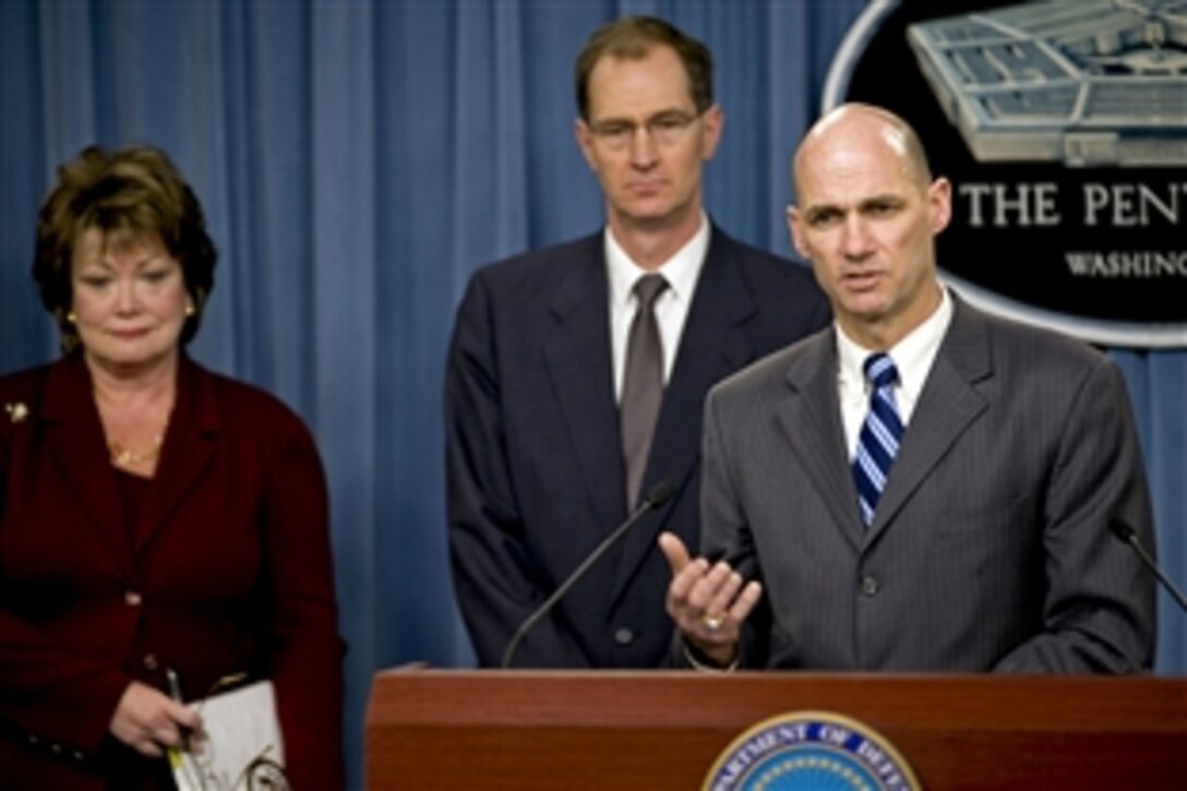 Thomas P. D'Agostino, undersecretary of Defense for nuclear security and administrator of the National Nuclear Security Administration, at podium, speaks with members of the press about the Nuclear Posture Review during a press conference with Ellen Tauscher, undersecretary of Defense for arms control and international security, left, and Jim Miller, principal deputy undersecretary of Defense for policy, center, at the Pentagon, April 6, 2010.