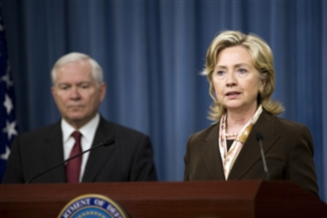 Secretary of State Hillary Clinton conducts a briefing on the Nuclear Posture Review with Secretary of Defense Robert M. Gates, Chairman of the Joint Chiefs of Staff Adm. Mike Mullen and Secretary of Energy Steven Chu in the Pentagon on April 6, 2010.  