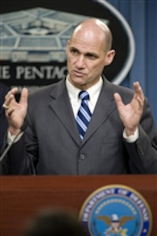 Under Secretary for Nuclear Security & Administrator National Nuclear Security Administration Thomas P. D'Agostino speaks with members of the press about the Nuclear Posture Review during a press conference with Under Secretary for Arms Control and International Security Ellen Tauscher, Principal Deputy Under Secretary of Defense for Policy Jim Miller, and Vice Chairman of the Joint Chiefs of Staff Gen. James Cartwright in the Pentagon on April 6, 2010.  