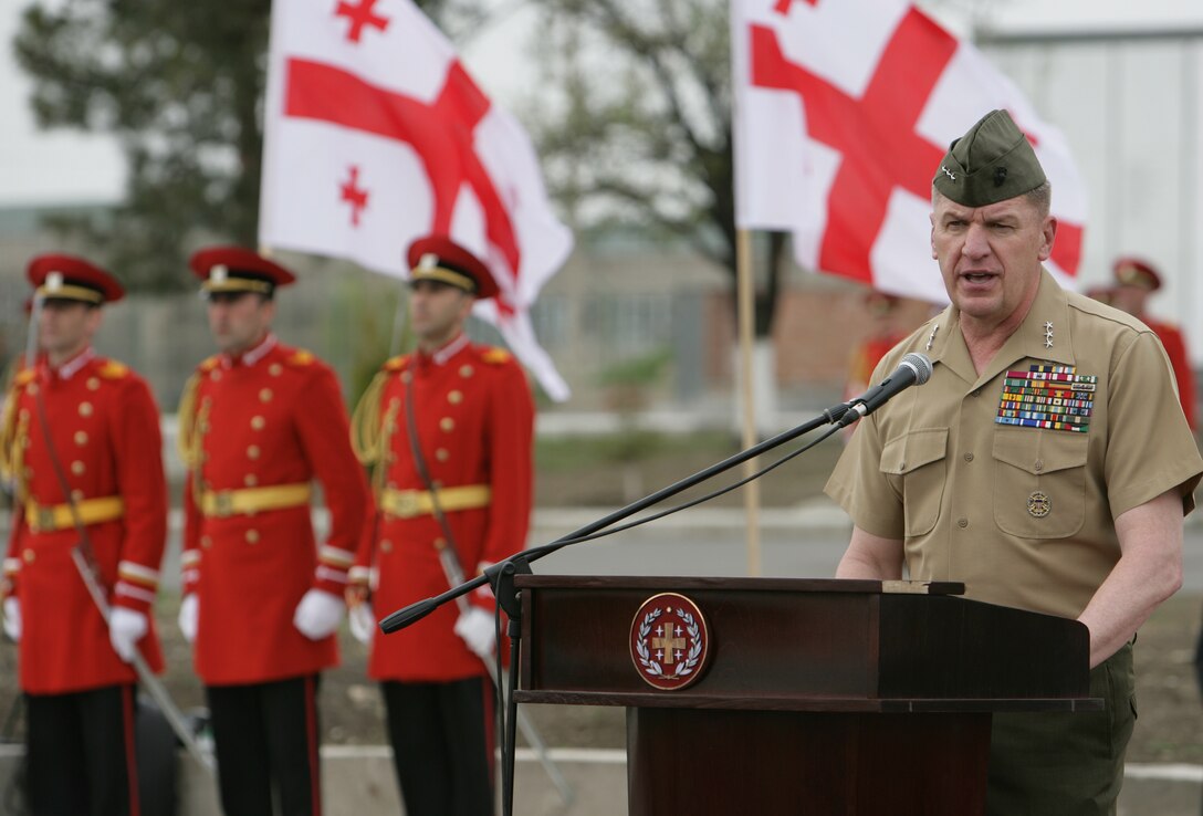 Lt. Gen. Richard F. Natonski, commander of Marine Corps Forces Command, delivers a speech during a ceremony marking the historic deployment of the Republic of Georgia's 31st Light Infantry Battalion to support Marine Expeditionary Brigade Afghanistan. The 31st Battalion has been training with Marines from Marine Forces Europe and Marine Corps Training and Advisory Group for the past six months as the first of four Georgian battalions participating in the Georgia Deployment Program. The deployment marks the first time a foreign military force will deploy as part of a Marine Regimental Combat Team.