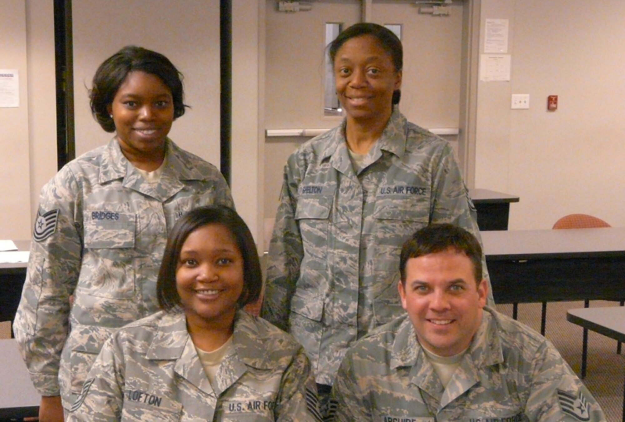 The Dobbins 56 Group held elections March 7 during the Unit Training Assembly. Newly elected executive board officers are (top L-R) Tech. Sgt. Tracy Bridges, treasurer, Staff Sgt. Erica Shelton, administrator, (bottom L-R) Tech. Sgt. Tanisha Lofton, president and Staff Sgt. Aaron Abshire, vice president. The 56 Group is facilitated and underwritten by the Dobbins Chiefs’ Group and Top 3 organization. (U.S. Air Force photo/Tech. Sgt. Robert W. Martin)
