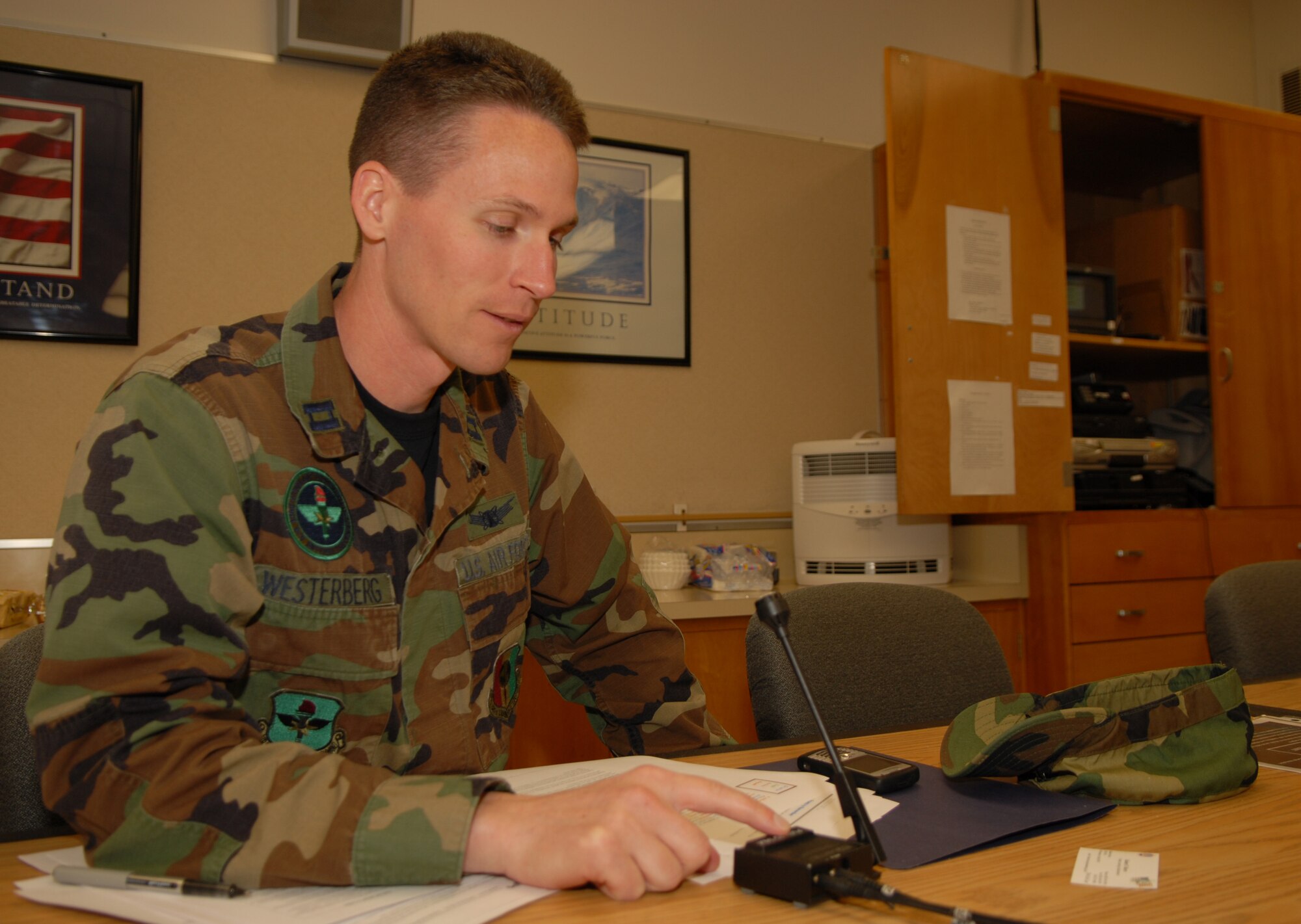 VANDENEBERG AIR FORCE BASE, Calif. -- Capt. Tyler Westerberg, a member of the 381st Training Squadron, asks a question during the National Security Personnel Systems Performance course at the base education center here Wednesday, April 7, 2010. The class is one of many offered through distant learning, which is a mechanism utilized by the Air Force to allow its personnel to attend training without the burden of temporary duty allocations and loss of manpower. (U.S. Air Force photo/Airman 1st Class Kerelin Molina)