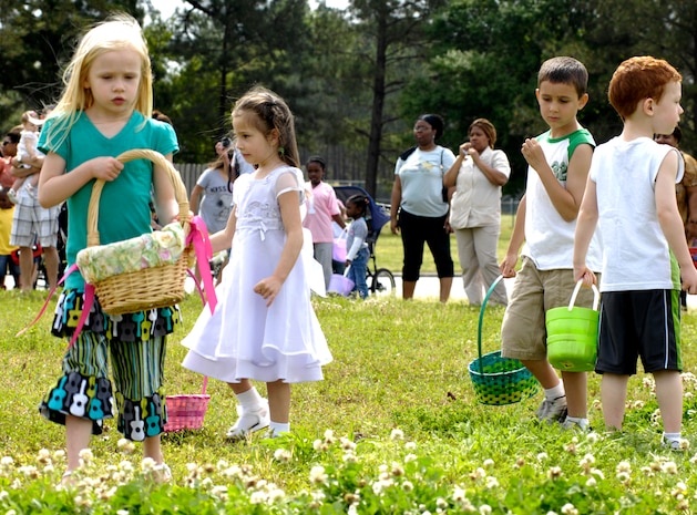 Children hunt for Easter eggs during the annual Easter egg hunt on Joint Base Charleston, S.C., April 3, 2010. The event was hosted by Youth Programs and consisted of four different fields packed with eggs.  Approximately 400 participants showed up for the event which included prize give-aways and 3,000 eggs for the children to find. (U.S. Air Force Photo/Airman 1st Class Lauren Main)