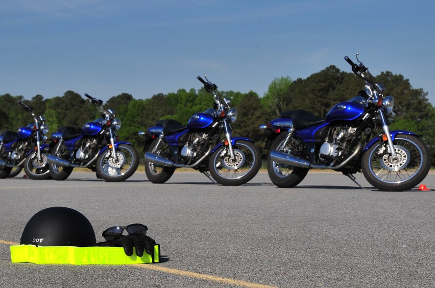 SEYMOUR JOHNSON AIR FORCE BASE, N.C. -- The Department of Defense mandates that all of its members wear protective and reflective gear when operating a motorcycle. This gear includes a Department of Transportation-approved helmet, riding gloves, eye protection, a long-sleeved shirt or jacket, long pants and over-the-ankle footwear. (U.S. Air Force photo/Senior Airman Rae Perry)