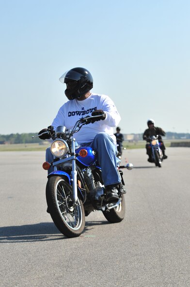 SEYMOUR JOHNSON AIR FORCE BASE, N.C. -- Mr. Winford Ulmer anticipates his next turn during the maneuverability portion of the Basic Riders Course here, April 6, 2010. All on-base motorcycle riders, whether active duty, Guard, Reserve, retired, civilian or dependent, must attend the Basic Rider Course. Mr. Ulmer, 335th Fighter Squadron resource advisor, is from Detroit. (U.S. Air Force photo/Senior Airman Rae Perry)