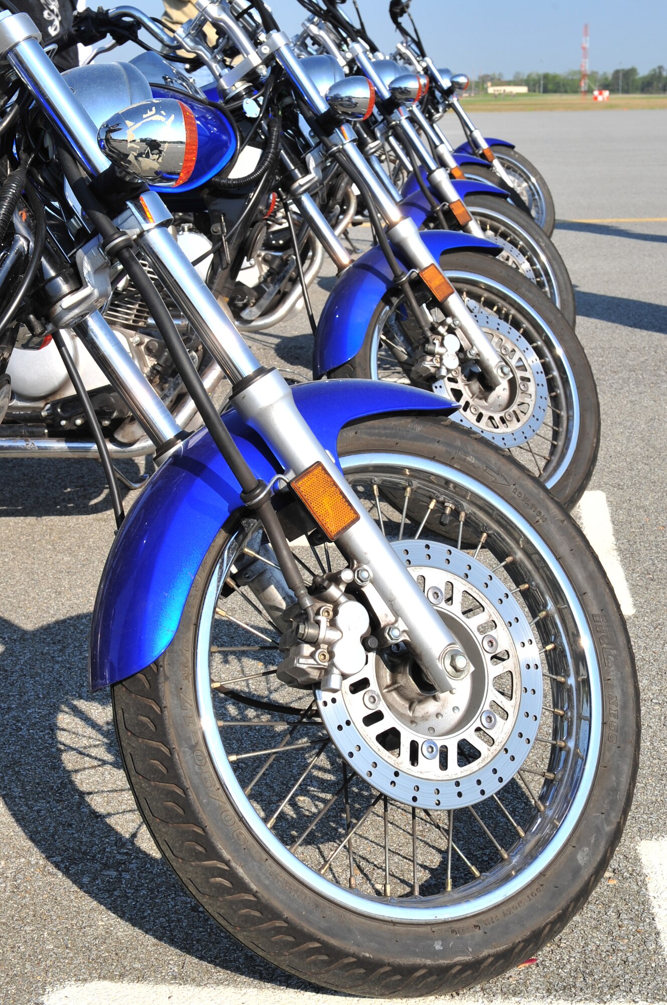 SEYMOUR JOHNSON AIR FORCE BASE, N.C. -- Motorcycles used in the Basic Riders Course sit while students take a break, April 6, 2010. Students use bikes provided by the 4th Fighter Wing Safety Office during the course to ensure everyone has an opportunity to participate. (U.S. Air Force photo/Senior Airman Rae Perry)