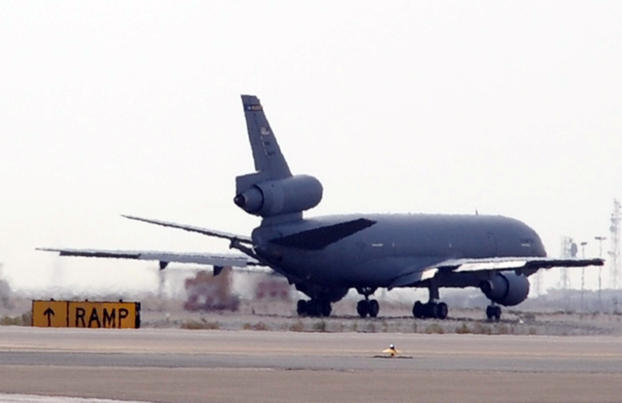 A KC-10 Extender from the 908th Expeditionary Air Refueling Squadron takes off for a combat air mission in the U.S. Central Command area of responsibility during operations at a non-disclosed base in Southwest Asia on April 5, 2010. The KC-10s deployed to Southwest Asia with the 908th EARS and the 380th Air Expeditionary Wing are from Joint Base McGuire-Dix-Lakehurst, N.J., and Travis Air Force Base, Calif. The KC-10 is the Air Force's largest tanker and in 2009, aircraft assigned to the 908th EARS flew more than 4,700 combat missions offloading more than 422 million pounds of fuel to more than 31,400 aircraft. (U.S. Air Force Photo/Master Sgt. Scott T. Sturkol/Released)