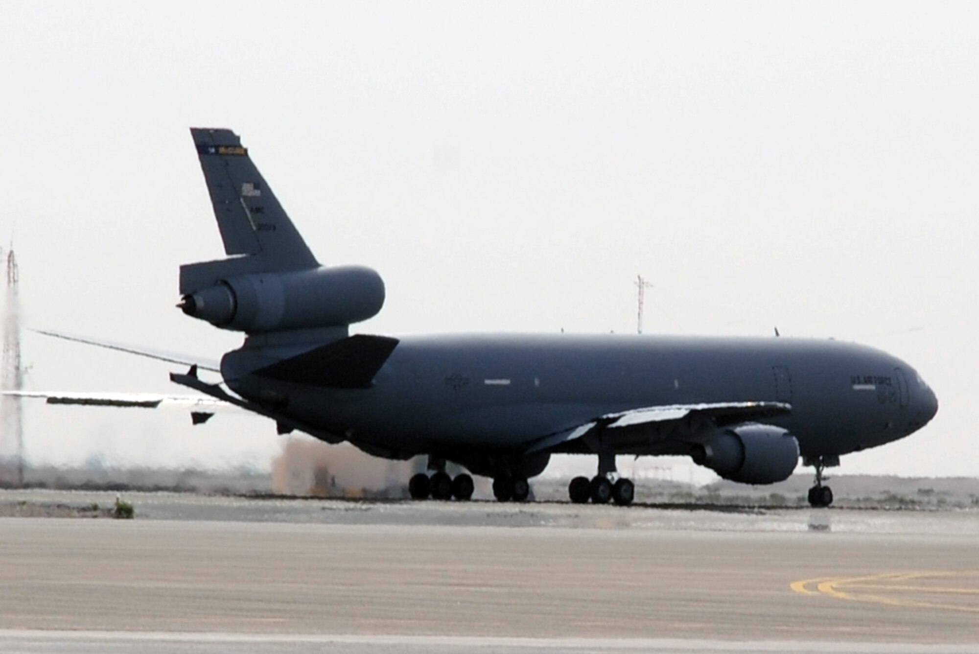 A KC-10 Extender from the 908th Expeditionary Air Refueling Squadron takes off for a combat air mission in the U.S. Central Command area of responsibility during operations at a non-disclosed base in Southwest Asia on April 5, 2010. The KC-10s deployed to Southwest Asia with the 908th EARS and the 380th Air Expeditionary Wing are from Joint Base McGuire-Dix-Lakehurst, N.J., and Travis Air Force Base, Calif. The KC-10 is the Air Force's largest tanker and in 2009, aircraft assigned to the 908th EARS flew more than 4,700 combat missions offloading more than 422 million pounds of fuel to more than 31,400 aircraft. (U.S. Air Force Photo/Master Sgt. Scott T. Sturkol/Released)