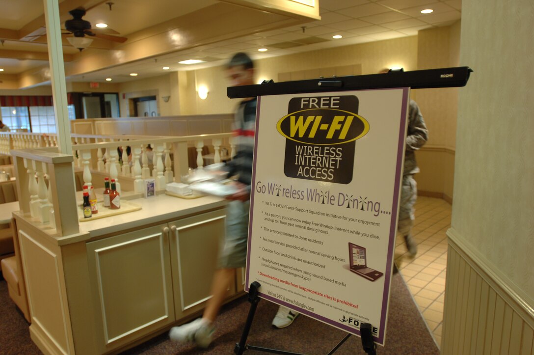 LANGLEY AIR FORCE BASE, Va. – The 633d Force Support Squadron recently installed a wireless internet network in the Eagle Room Dining Facility for use by Airmen while dining. The service is free of charge to patrons and will be available up to an hour after normal serving hours. (U.S. Air Force photo/Airman 1st Class Jason J. Brown)