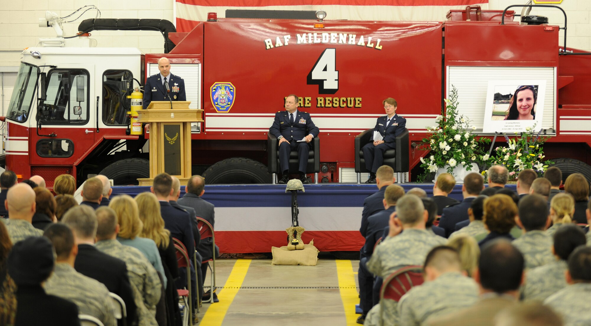 RAF MILDENHALL, England – Col. Chad Manske, 100th Air Refueling Wing commander, gives closing remarks at a memorial ceremony for Capt. Jenna Wilcox, 100th Civil Engineer Squadron, April 7.  Hundreds of supporters attended the ceremony, including Captain Wilcox’s friends, family and coworkers.  Captain Wilcox passed away April 1 from injuries sustained in a vehicle-related accident in Scotland March 27. (U.S. Air Force photo/Staff Sgt. Jerry Fleshman)
