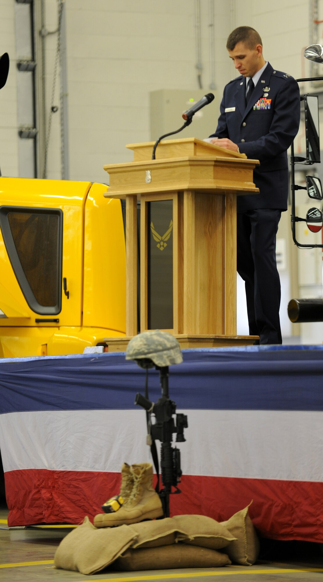 RAF MILDENHALL, England – Capt. Patrick Kucera, 48th Civil Engineer Squadron, gives an emotional speech about his friend and U.S. Air Force Academy classmate, Capt. Jenna Wilcox, at a memorial ceremony for the late captain April 7.  Captain Wilcox was killed in a vehicle-related accident while she and her husband were on vacation in Scotland.  (U.S. Air Force photo/Staff Sgt. Jerry Fleshman)