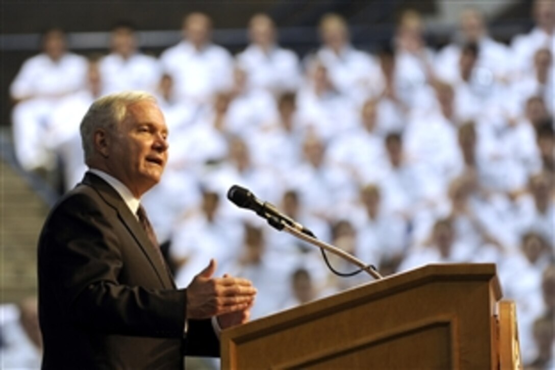 Defense Secretary Robert M. Gates addresses the midshipmen at the U.S. Naval Academy in Annapolis, Md., April 7, 2010. He said candor and moral courage are essential qualities for 21st-century military leaders.  