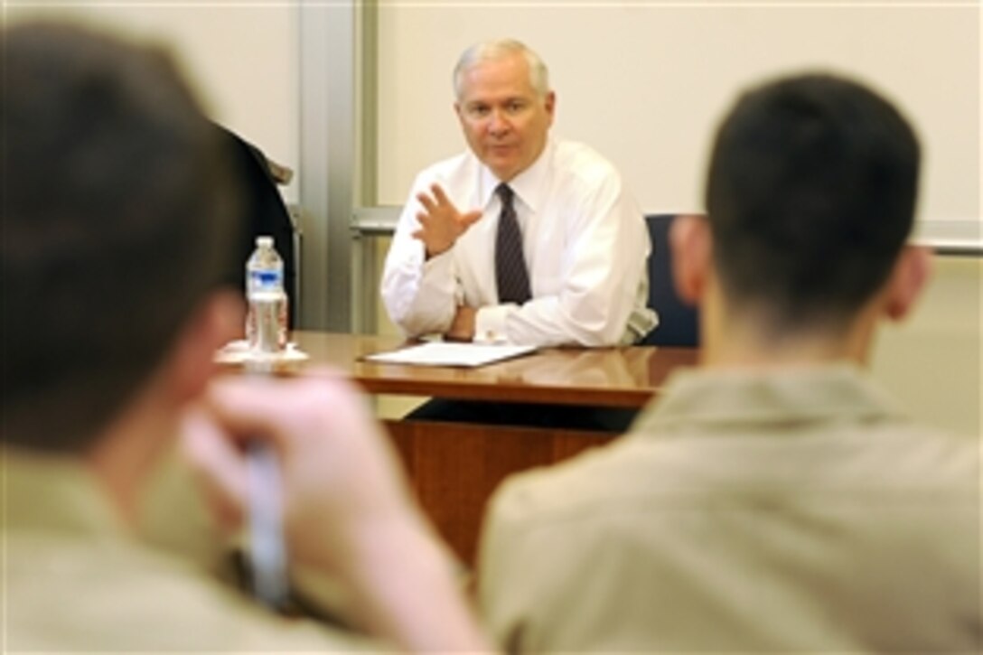 Defense Secretary Robert M. Gates teaches a class about the employment of military power to midshipmen at the U.S. Naval Academy in Annapolis, Md., April 7, 2010.